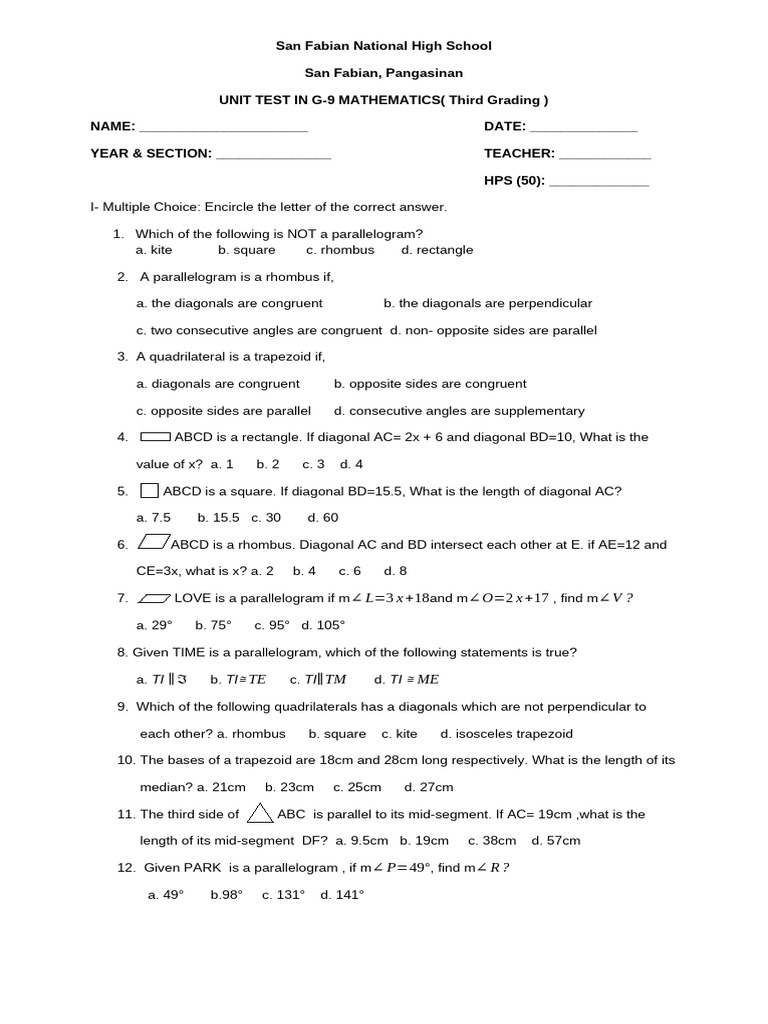 G-9 Math Unit Test: Parallelograms & Ratios | PDF | Rectangle ...