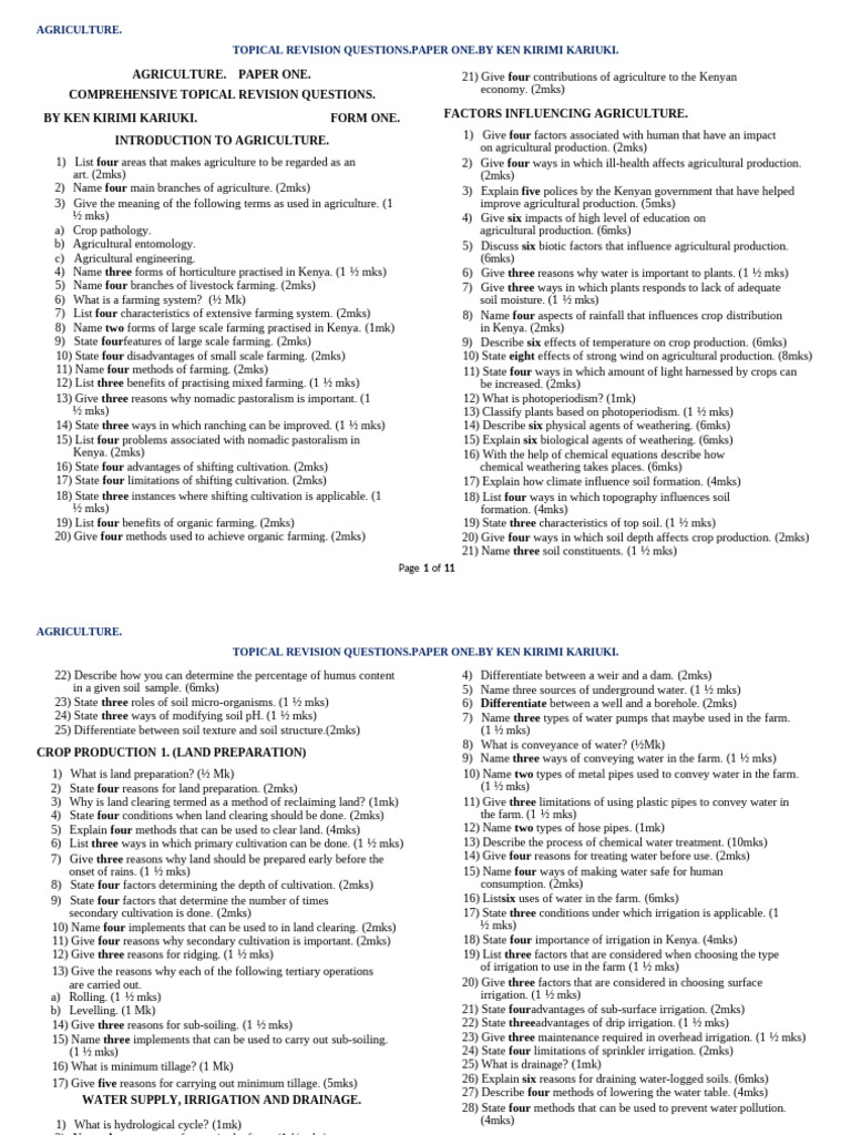 Agriculture Revision Questions for Form One | PDF | Fertilizer | Plant ...