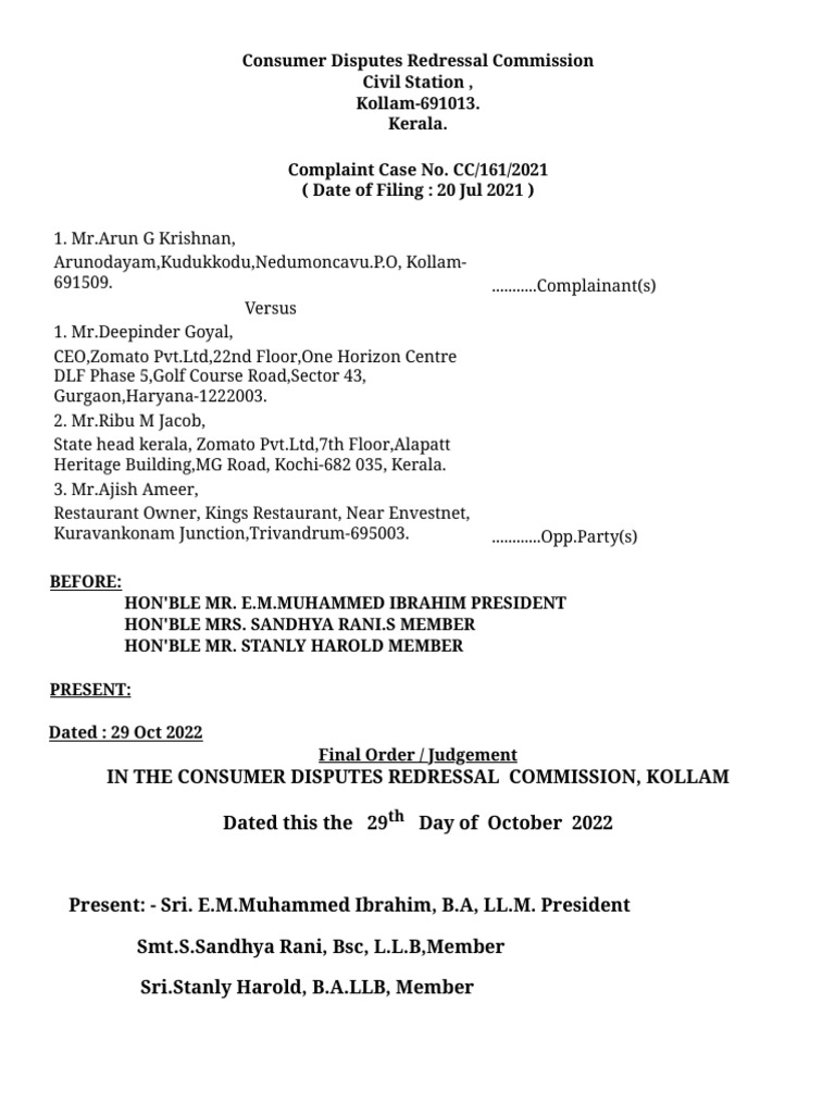 Zomato Consumer Complaint Ruling | PDF