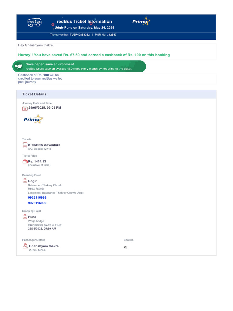 Bus Ticket TU6P40858262 | PDF