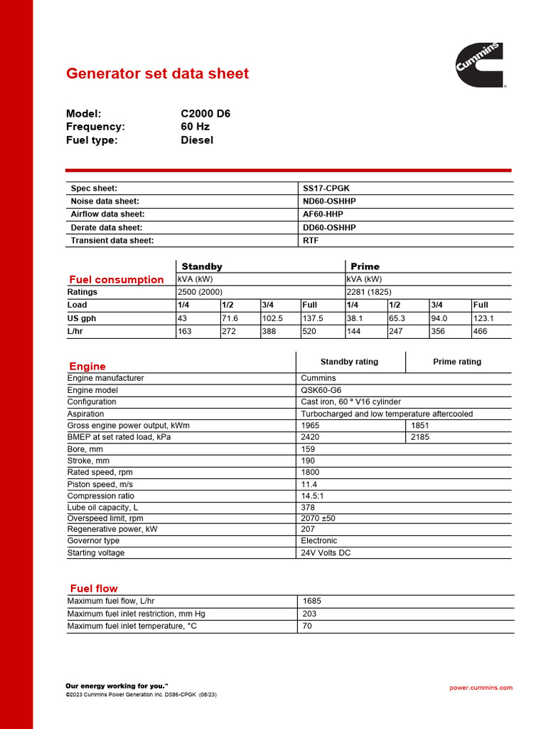 C2000 D6 Generator Specifications Sheet | PDF | Radiator | Engines