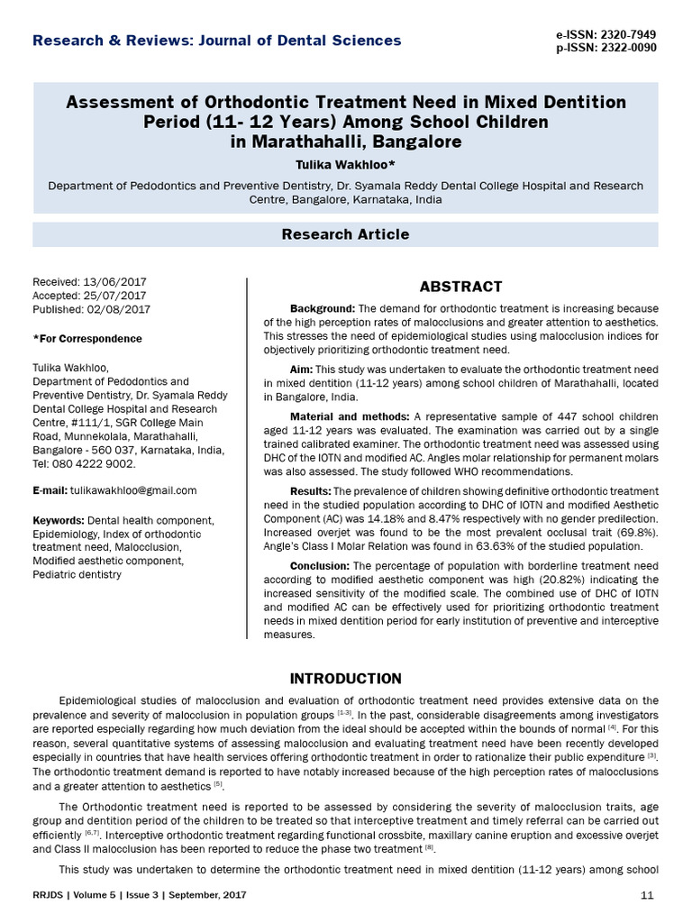 Orthodontic Treatment Needs in Children | PDF | Orthodontics | Mouth
