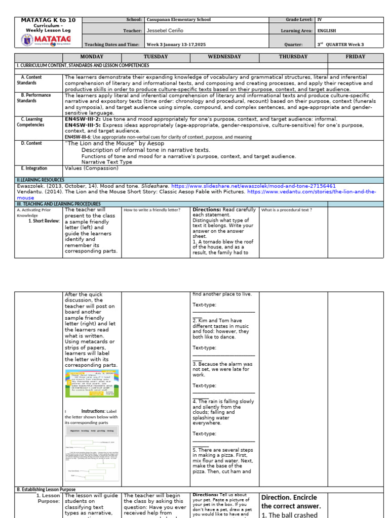 Grade IV English Weekly Lesson Plan | PDF | Learning