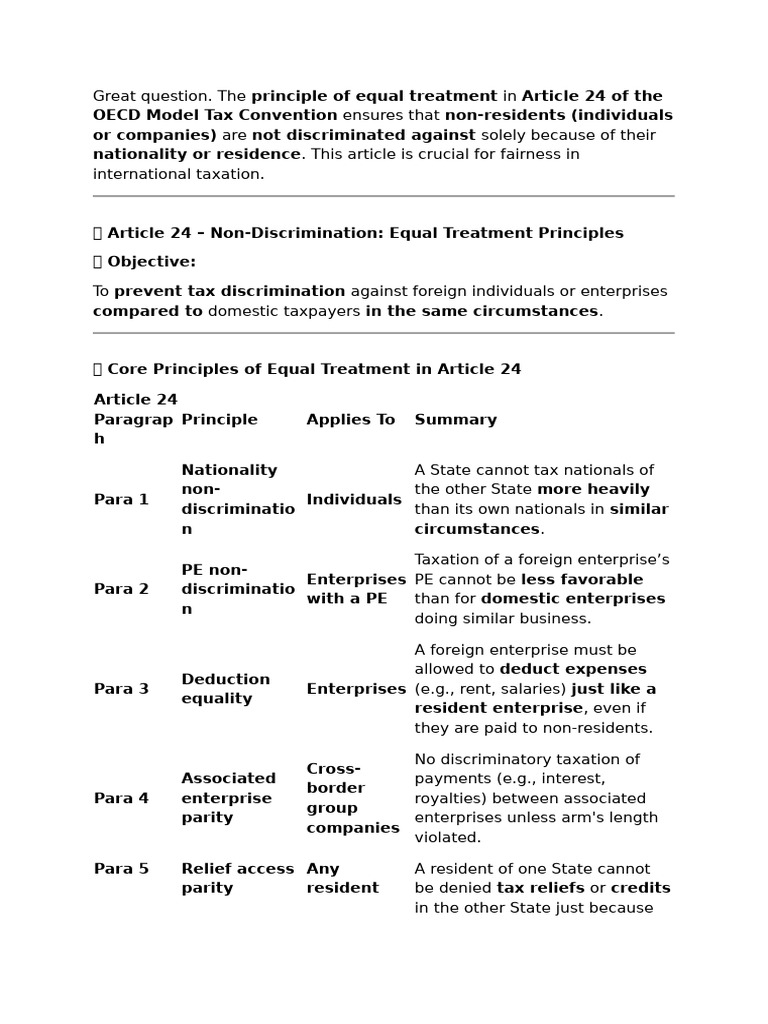 OECD Article 24: Non-Discrimination Tax Principles | PDF | Treaty | Taxes