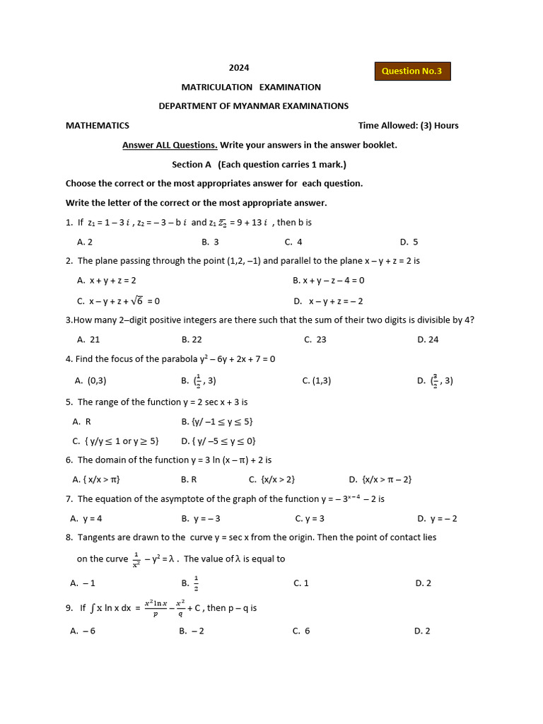 2024 Myanmar Mathematics Exam Questions | PDF | Cartesian Coordinate ...
