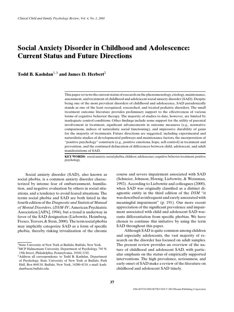 Social Anxiety Disorder in Youth | PDF | Social Anxiety | Social ...