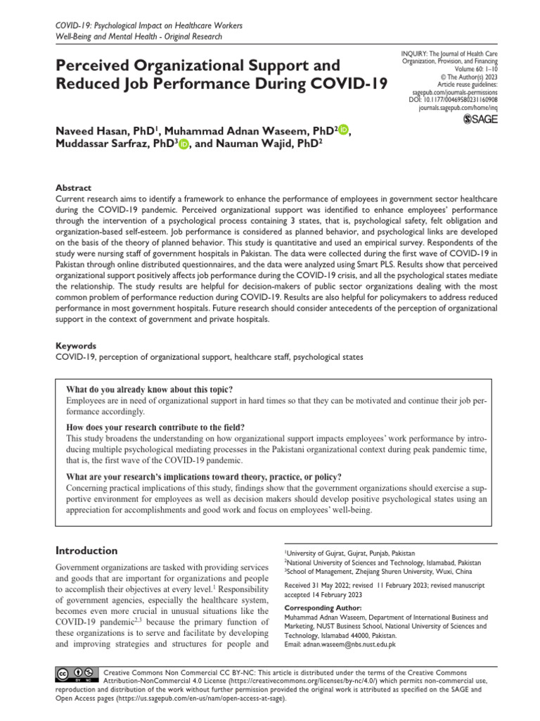 Perceived Organizational Support and Reduced Job Performance During ...
