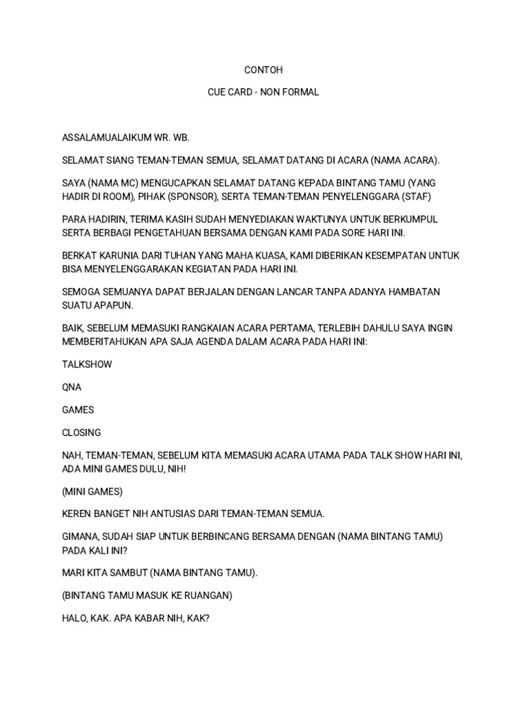 Contoh Cue Card MC Non Formal | PDF