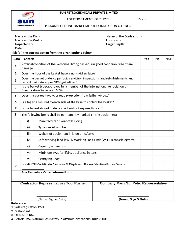 Personnel Lifting Basket Inspection Checklist | PDF