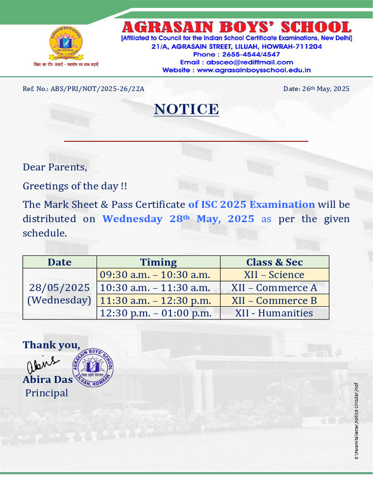 Notice For Isc Marksheet Distribution | PDF