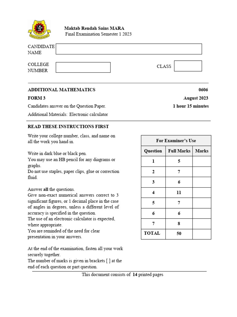 Additional Mathematics Exam Paper 2023 | PDF | Cartesian Coordinate ...