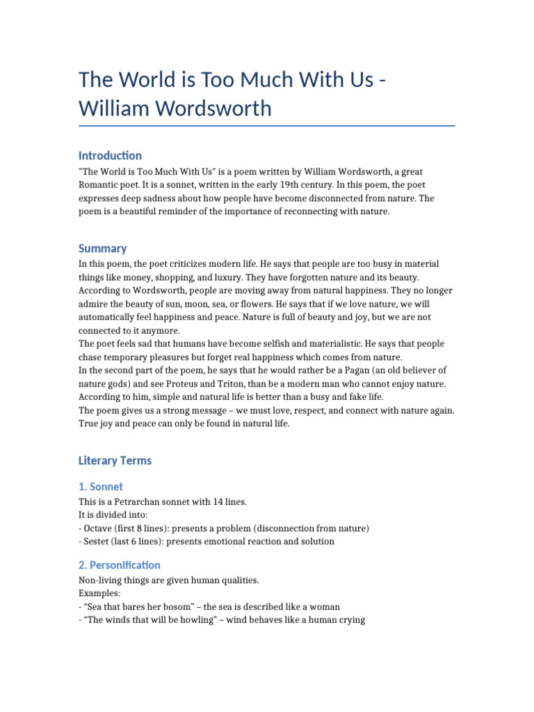 The World Is Too Much With Us Notes | PDF