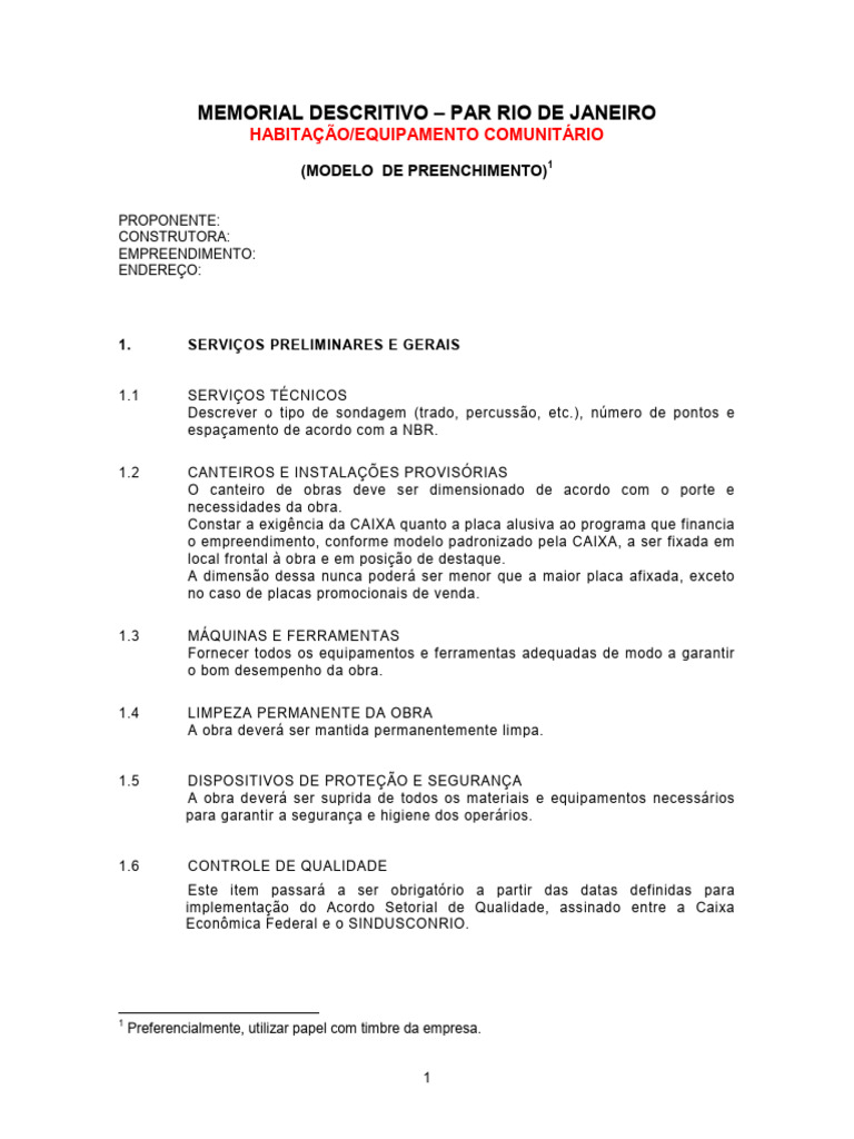 Memorial Descritivo de Construção RJ | PDF | Argamassa (alvenaria ...
