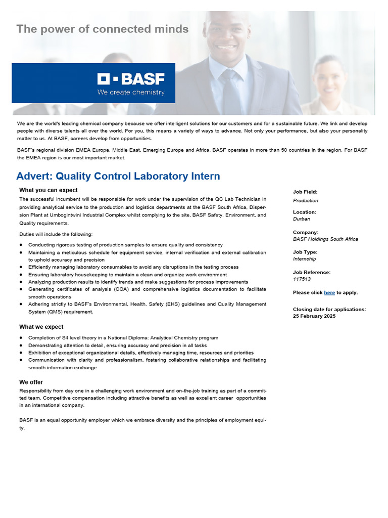 Advert - Quality Control Laboratory Intern - 2 | PDF | Laboratories ...