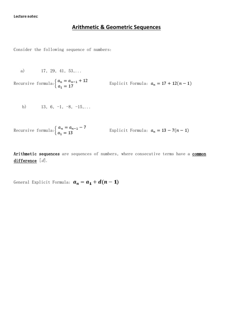 Lecture Notes- Arithmetic and Geometric Sequences | Mathematical