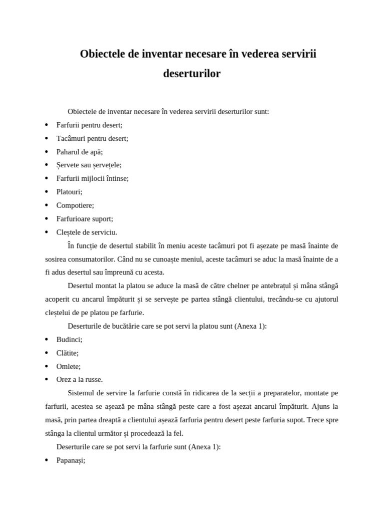 Obiectele de Inventar Necesare În Vederea Servirii Deserturilor | PDF