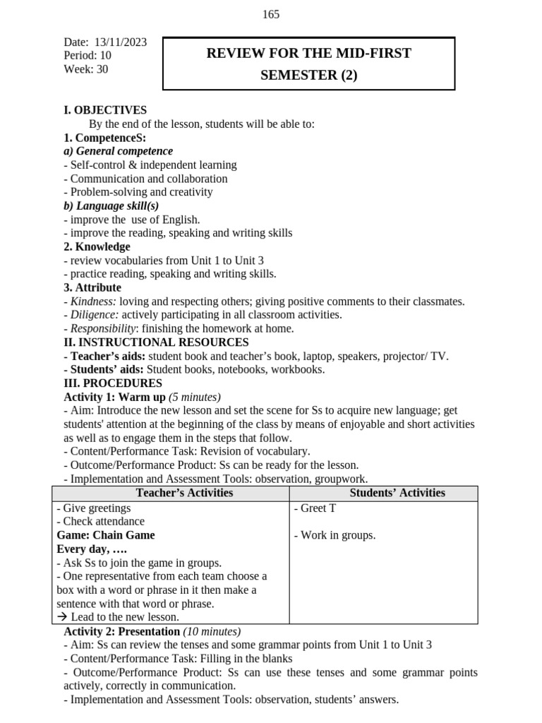 Mid-Semester English Review Lesson Plan | PDF | Reading Comprehension ...