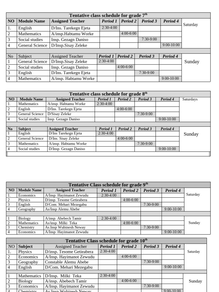 2017E.C Tutorial Class Schedule For 2nd Sem | PDF | Natural Sciences ...