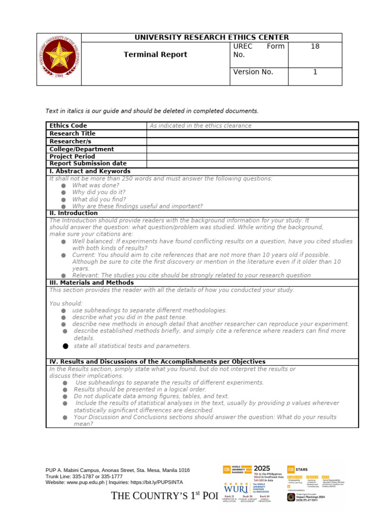 UREC Terminal Report Guidelines | PDF | Science | Methodology