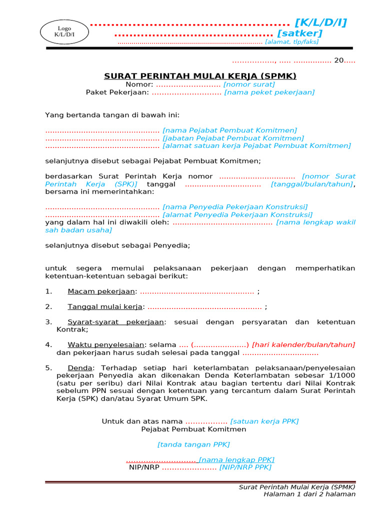 Surat Perintah Mulai Kerja Konstruksi | PDF