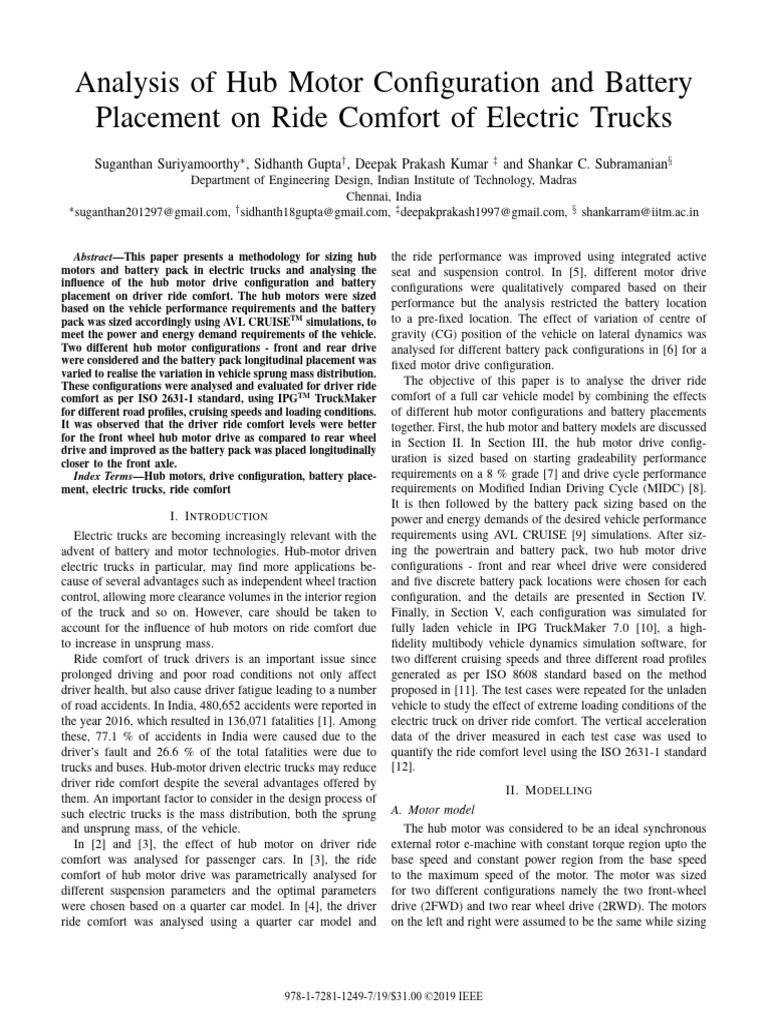 Analysis of Hub Motor Configuration and Battery Placement On Ride ...