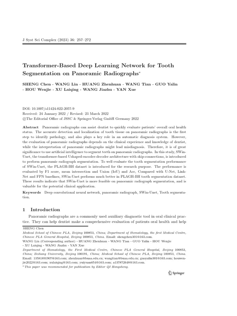 Transformer-Based Deep Learning Network For Tooth Segmentation On ...