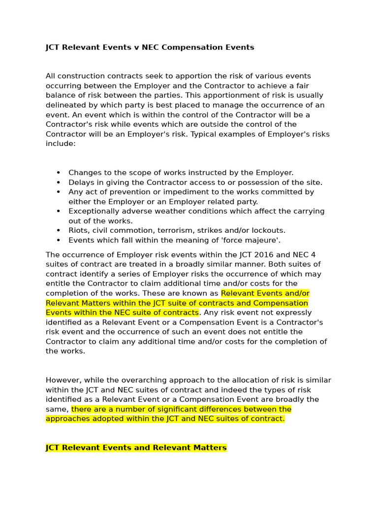 JCT vs NEC: Relevant Events Explained | PDF | Employment | Risk