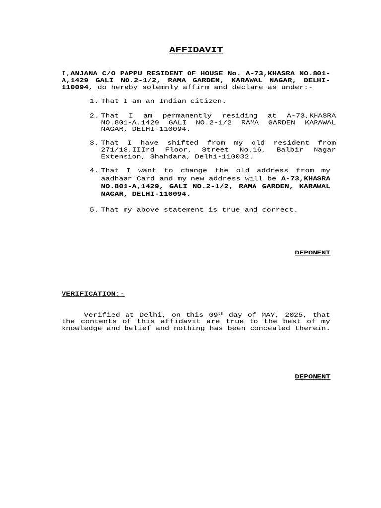 Address Change Affidavit for Anjana | PDF