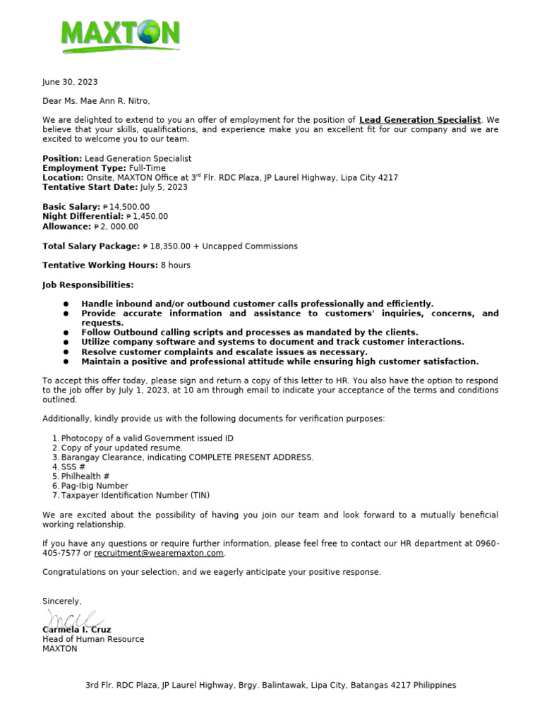 Offer Letter - Lead Generation Specialist | PDF