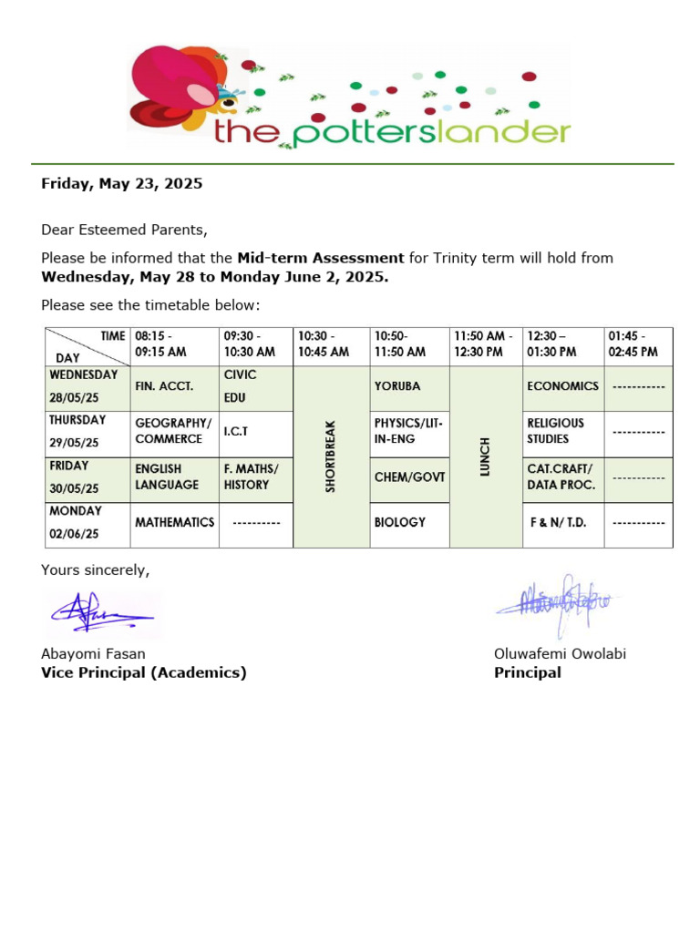 Trinity Term Midterm Timetable (Year 10 & 11) - 1 | PDF