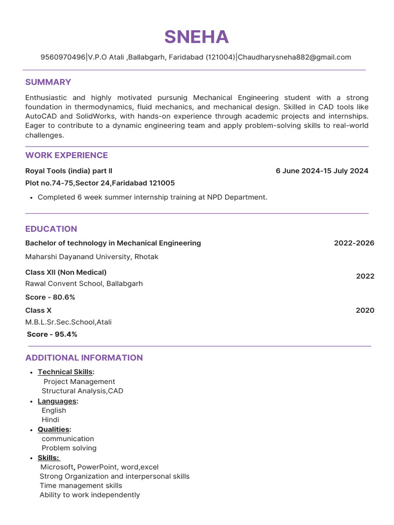 Mechanical Engineering Student Profile | PDF