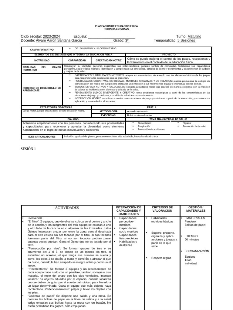 Planeacion de Educacion Fisica 3º de Primaria | PDF | Educación Física ...