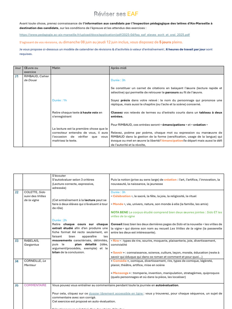 Révisions EAF : Guide et Calendrier | PDF