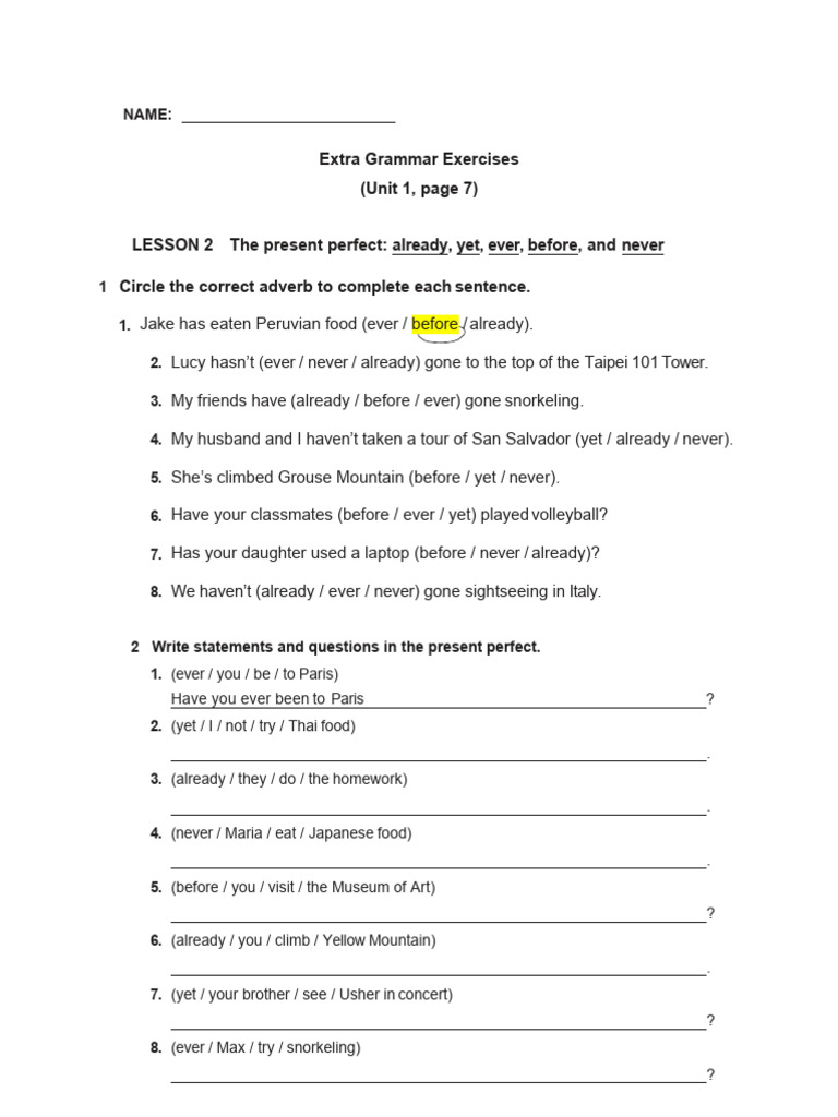 Extra Grammar Exercises: Present Perfect | PDF
