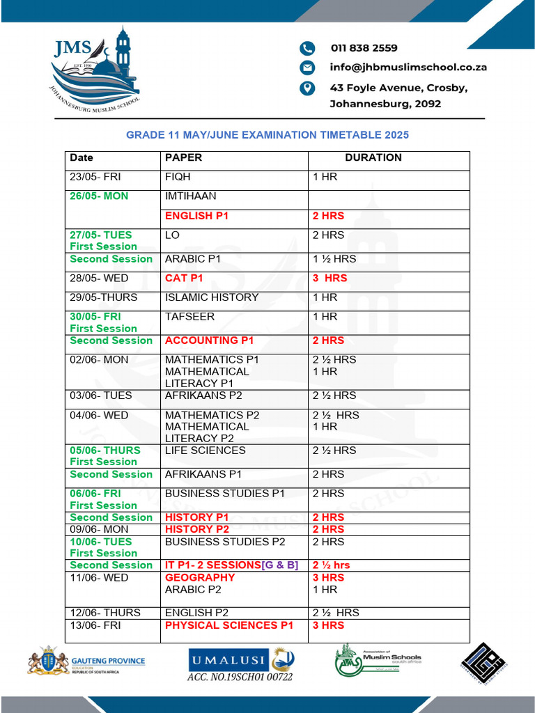 Grade 11 Exam Timetable 2025 | PDF