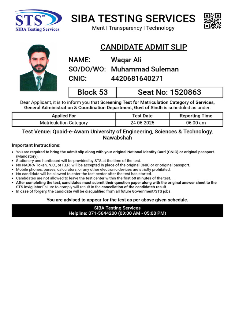 Siba Testing Services: Candidate Admit Slip | PDF