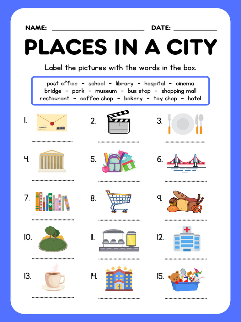 Places in A City Vocabulary Worksheet in Blue White Illustrative Style ...