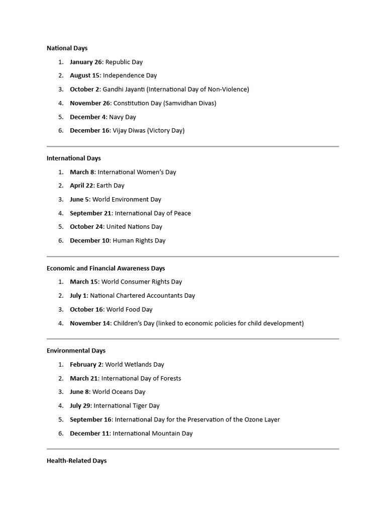 National and International Days Overview | PDF