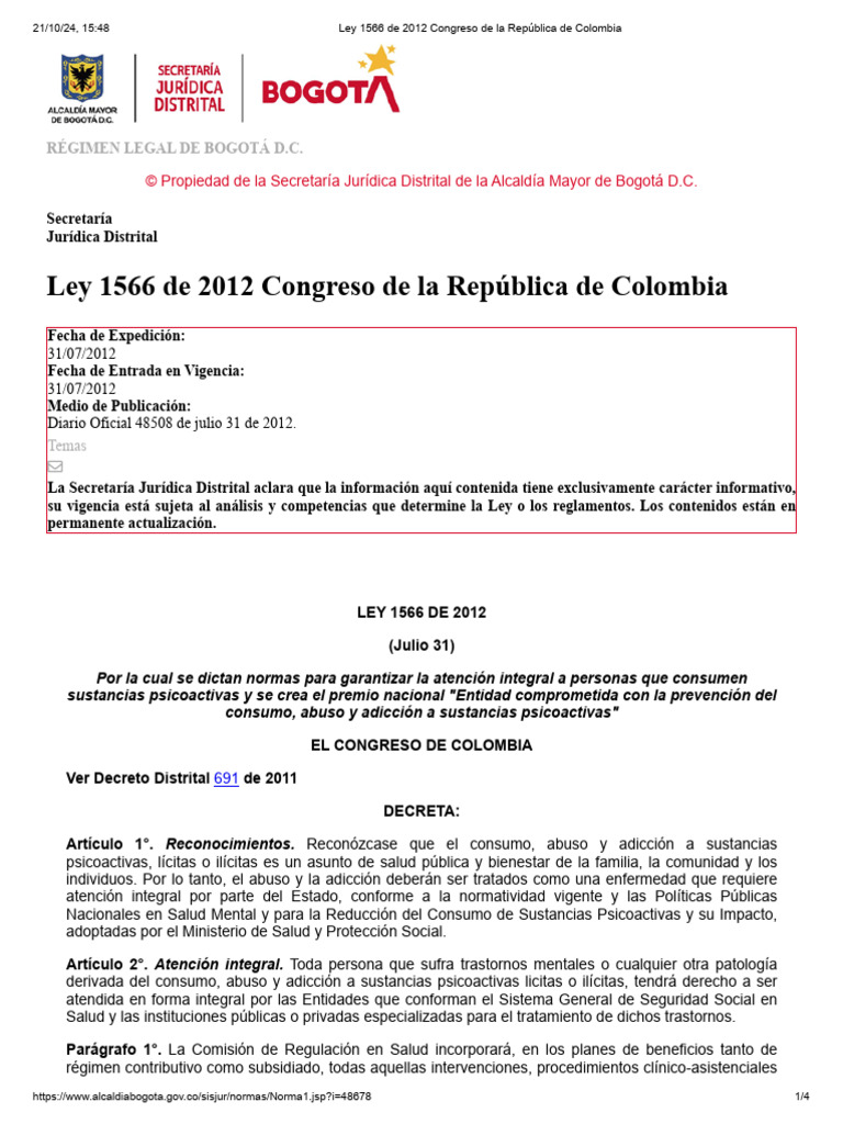 Ley 1566 de 2012 Congreso de La República de Colombia CONSUMO de ...
