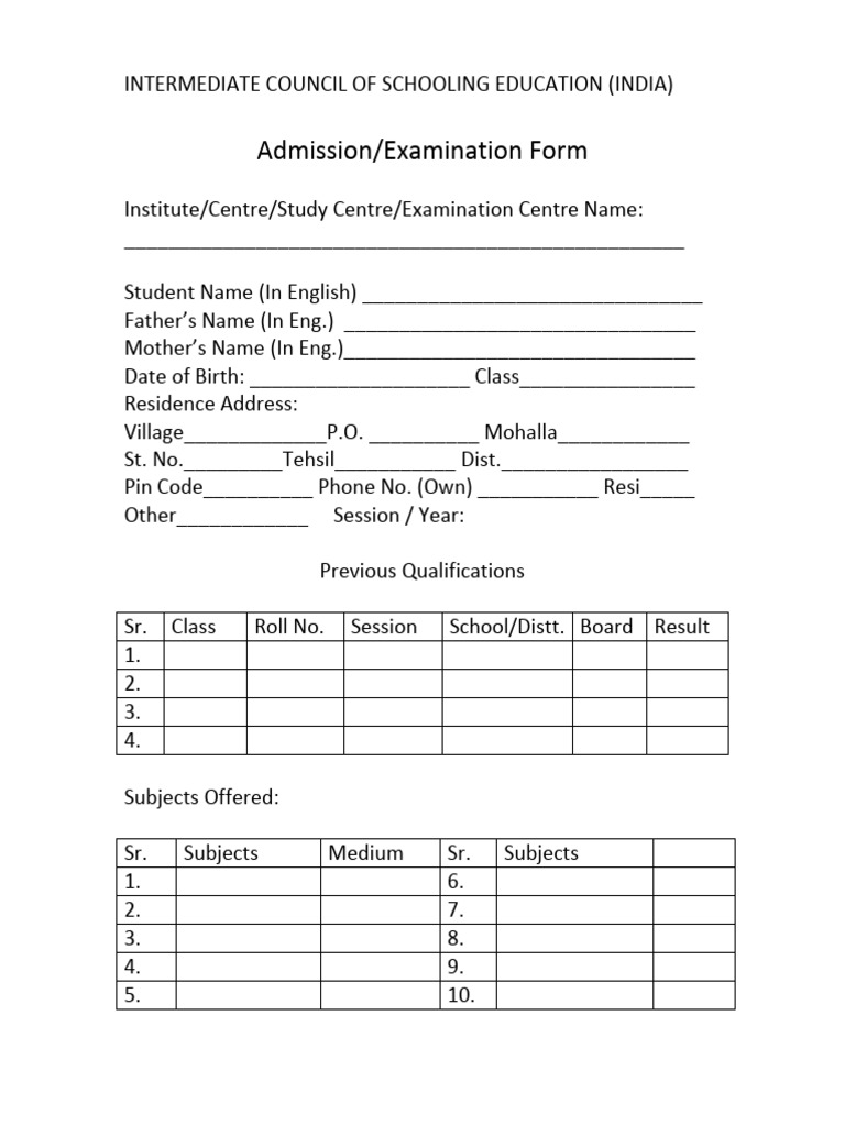 Intermediate Admission Form Guidelines | PDF