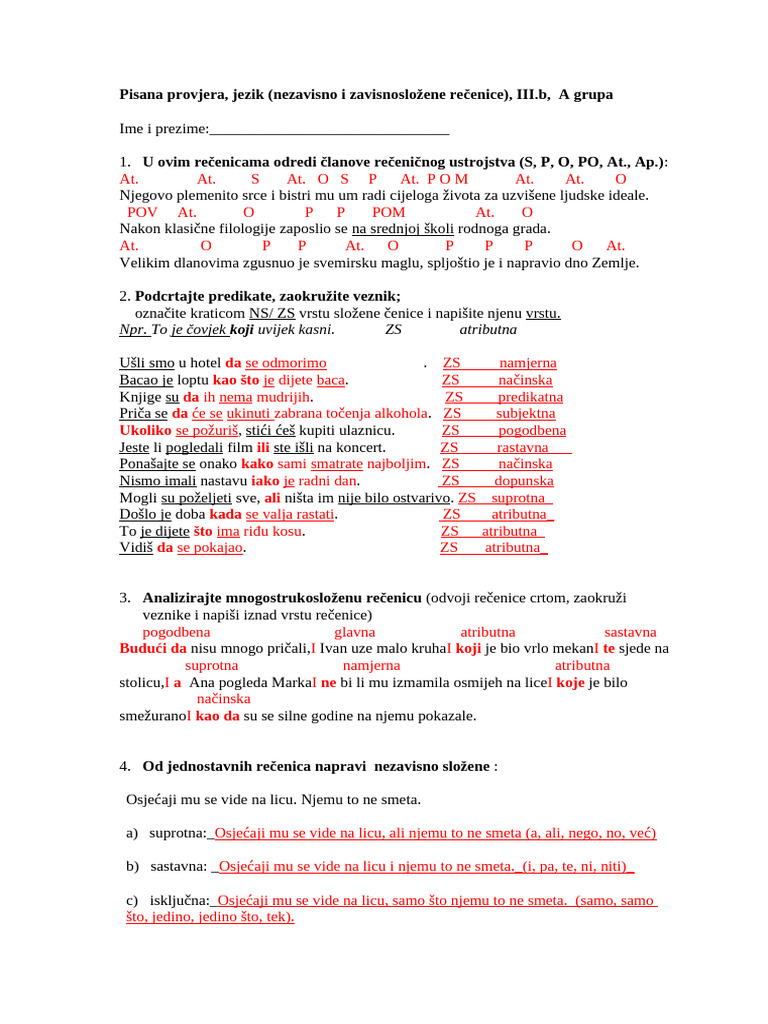 Riješena Pisana Provjera III.b Rečenice | PDF