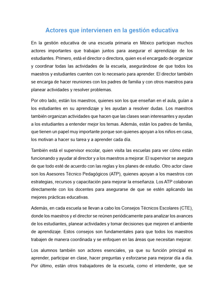 Actores clave en la gestión educativa | PDF | Escuelas | Enseñando