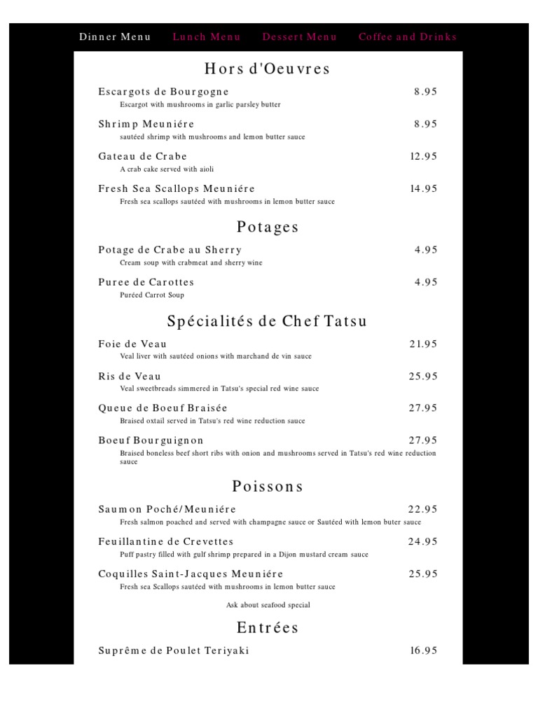 Tatsu S Dinner Menu | PDF | Sauce | Food And Drink Preparation