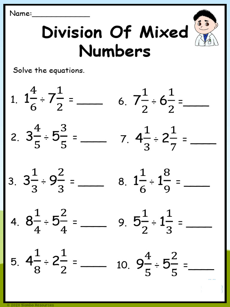 Division of Mixed Numbers Worksheet | PDF