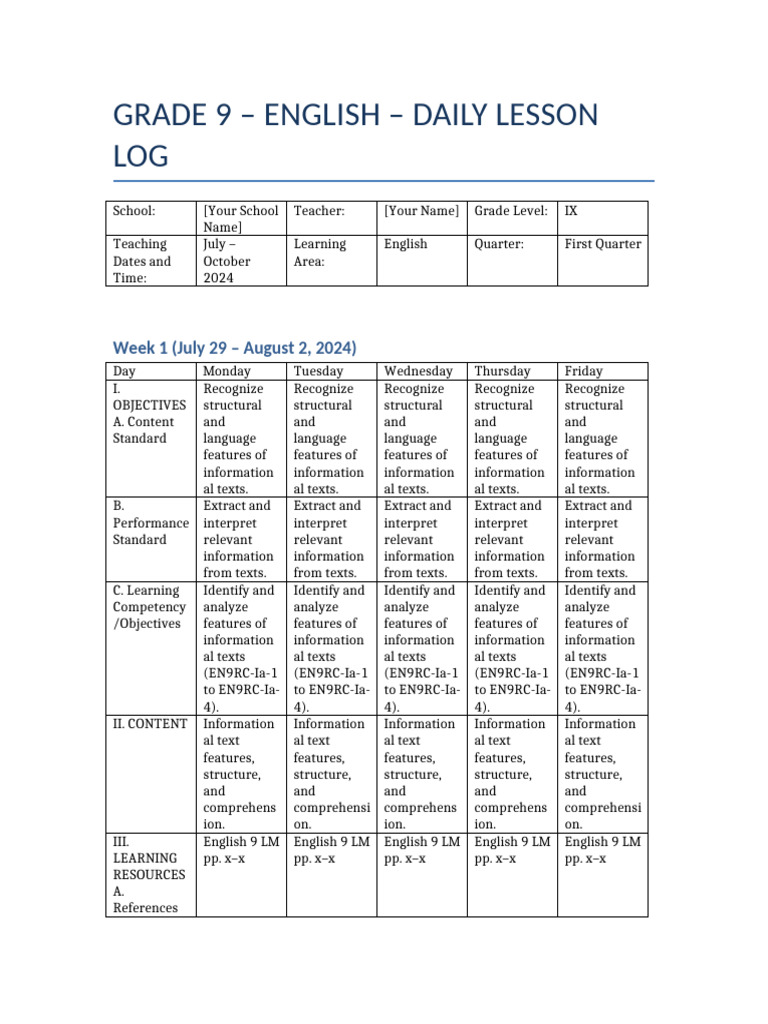 Grade 9 English Daily Lesson Plan | PDF | Homework | Learning