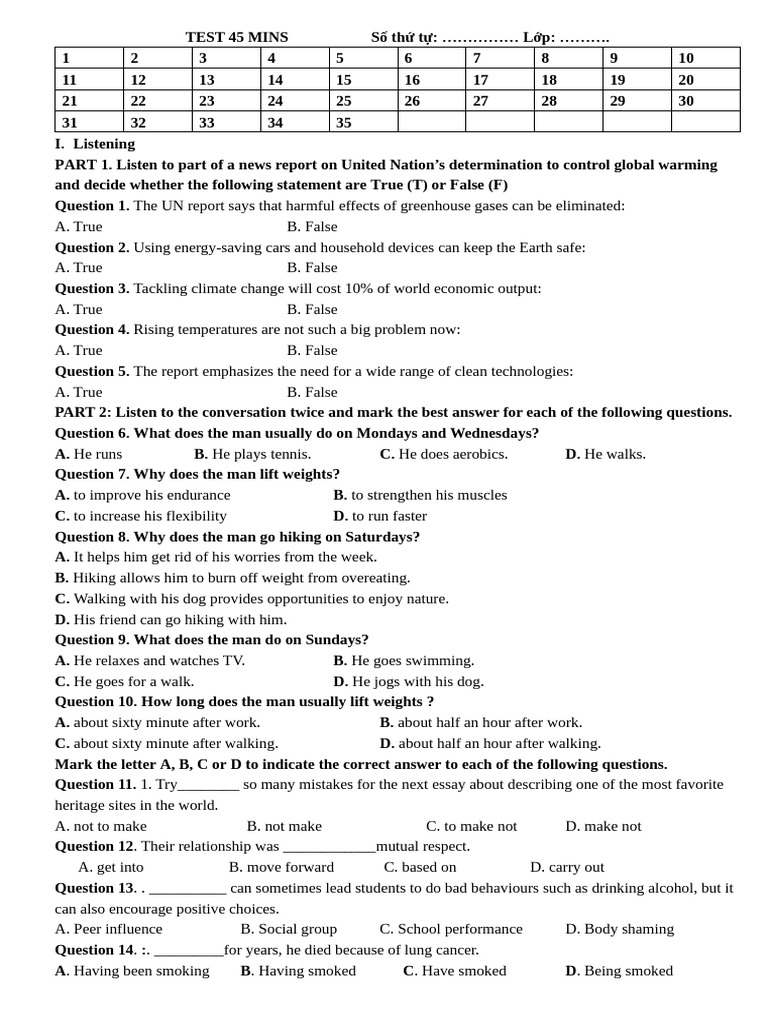 45-Minute Listening and Grammar Test | PDF | Climate Change | Adolescence