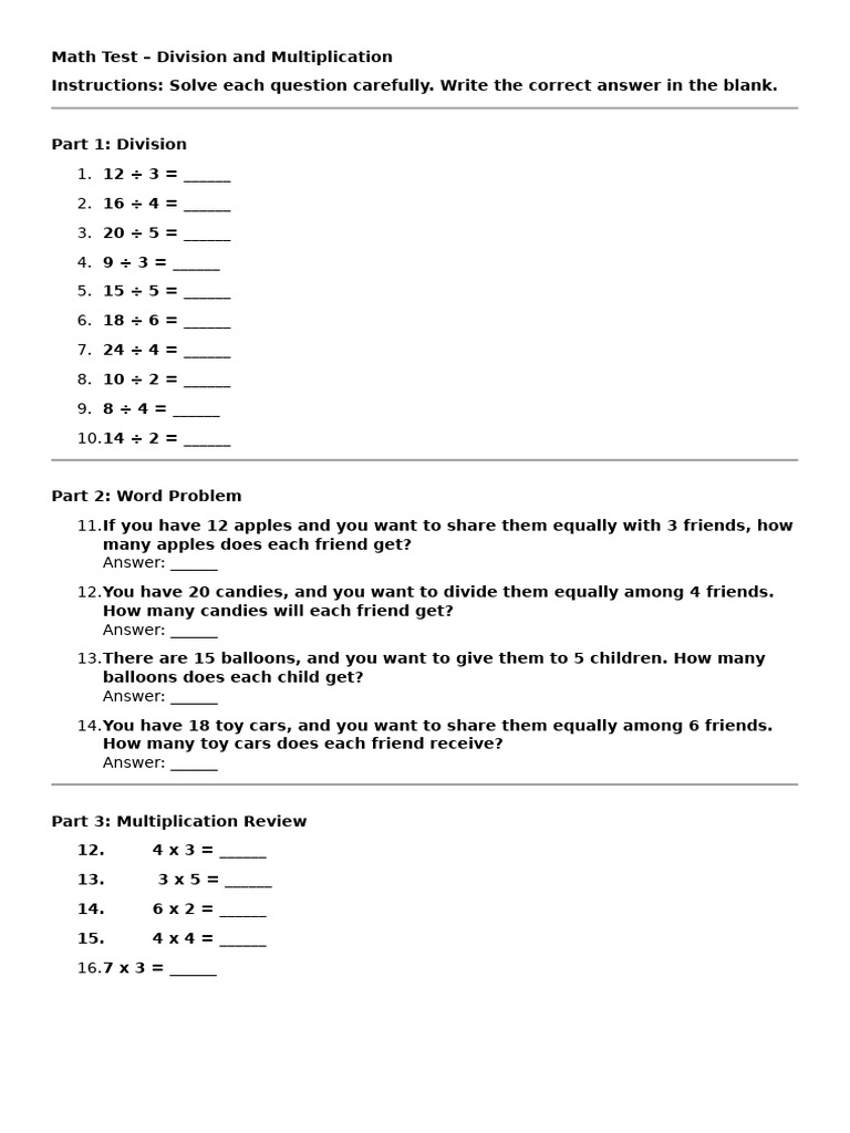 Math Test: Division & Multiplication Skills | PDF