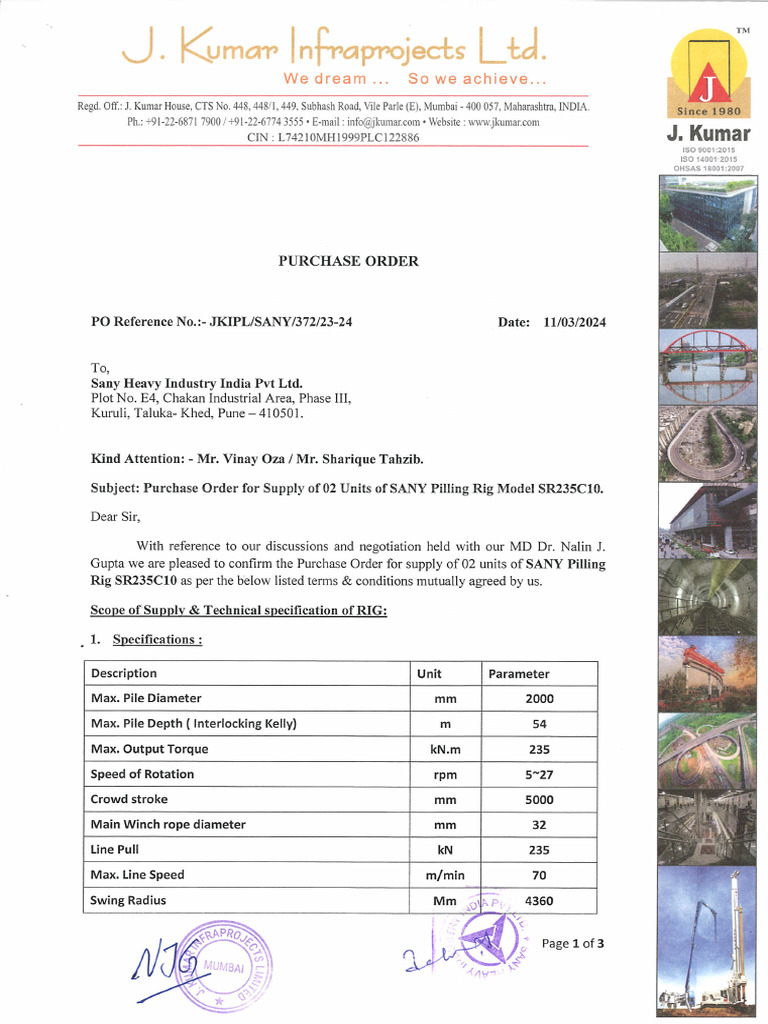 Purchase Order Sany Piling Machine PO - For 2 Rigs SR235 - 08-03-2024 ...