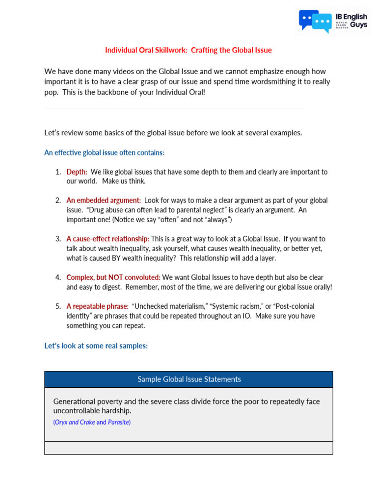 Individual Oral Skillwork Crafting The Global Issue | PDF | Social ...