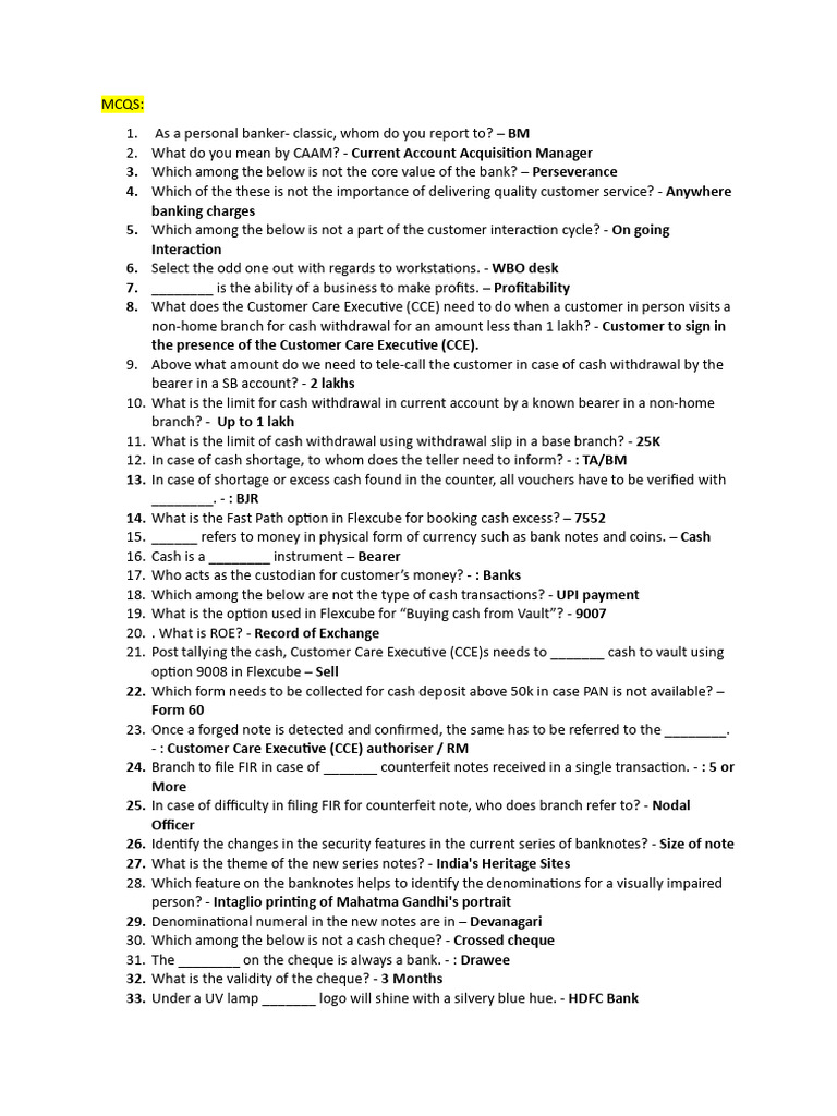 Banking Operations MCQs Guide | PDF | Cash | Banks